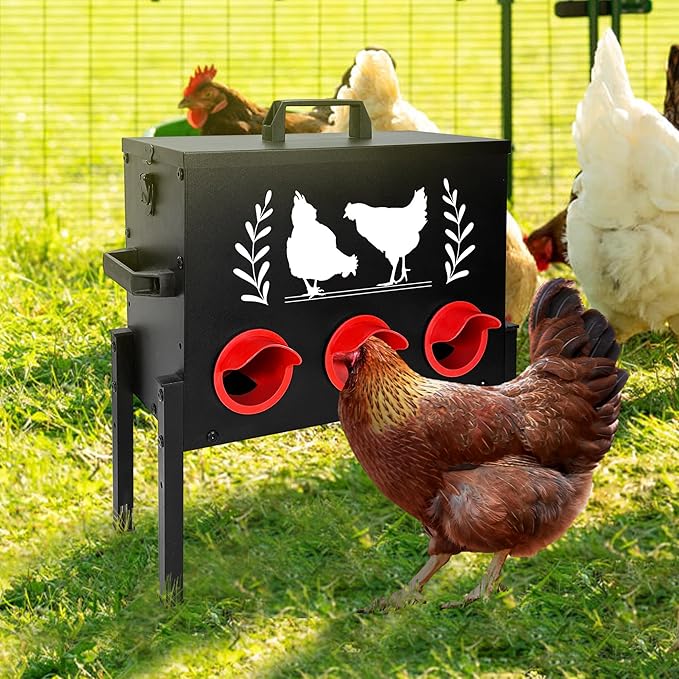 Chicken Feeders, 30 lb Capacity 6 Port Automatic Chicken Feeder, Metal Chick Feeder with Locking Lid and Legs, Chicken Feeder for Chickens, Ducks, Geese(Black)
