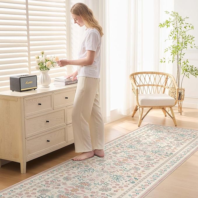 3x10 Runner Rug for Hallways Kitchen: 3x10 Washable Area Rug Boho Floral Soft Long Rug - Non-Slip Low Pile Throw Indoor Carpet for Entryway Kitchen Bedroom Laundry Bathroom- Pink