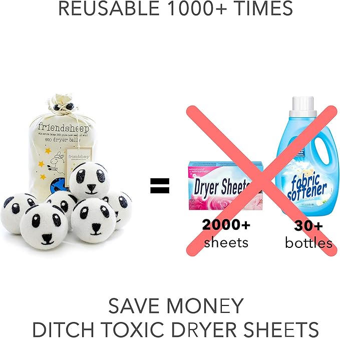 Friendsheep Wool Dryer Balls, Organic Reusable Fabric Softener Alternative for Laundry, Handmade, Fair Trade, Hypoallergenic, Eco-Friendly, Plastic-Free (6 Pack XL – Panda)