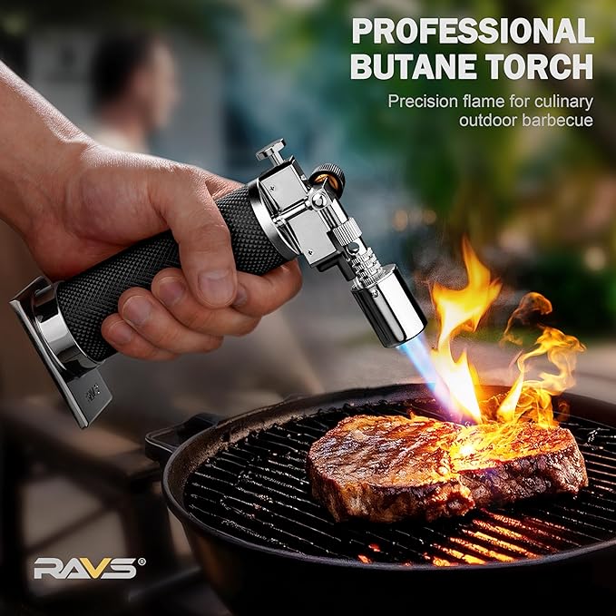 RAVS Butane Torch Lighter, Christmas Stocking Stuffers Gifts for Men He Dad, Kitchen Torch with Adjustable Flame, Creme Brulee Torch for Baking, BBQ, DIY, Black, Butane Gas Not Included