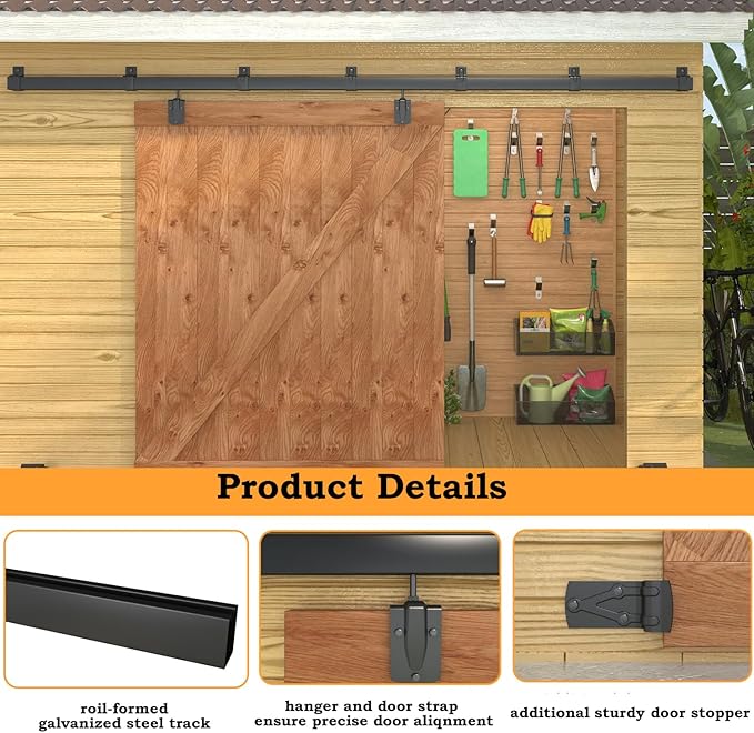 10FT Black Box Rail Exterior Barn Door Hardware Kit, Sliding Heavy Duty Barn Door Track, Wall Mount Barn Door Hardware with 5 Track Brackets(Doors NOT Include）