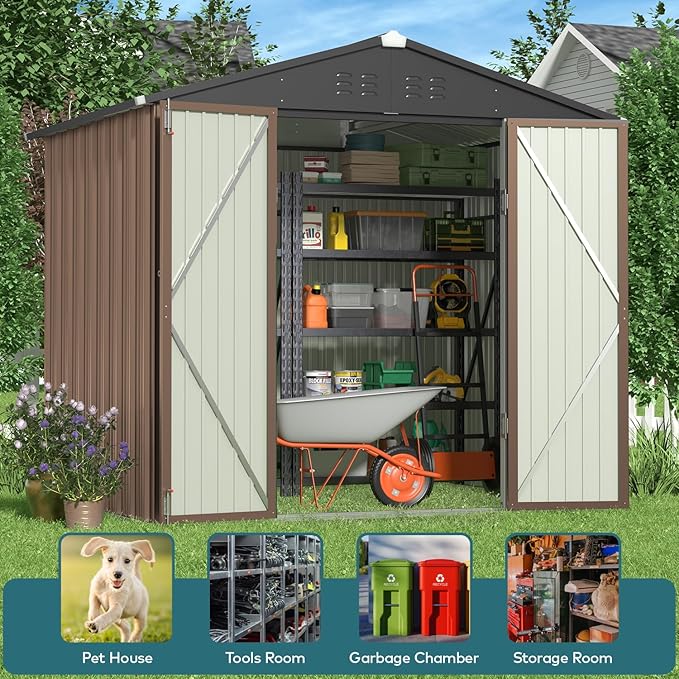Gizoon Outdoor Storage Shed 8 x 6 FT, Galvanized Metal Garden Shed with Double Lockable Doors, Outdoor Storage Clearance for Backyard Patio Lawn-Light Brown