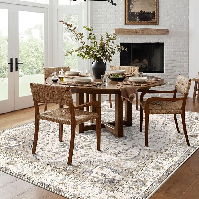 Washable Area Rug 5x7 - Boho Living Room Rug Stain Resistant Soft Bedroom Rug Ultra-Thin Cream Vintage Oriental Farmhouse Dining Room Rugs for Under Table Indoor Carpet for Living Room