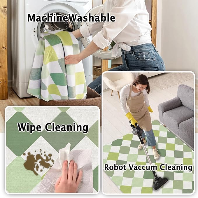 Green Checkered Washable Runner for Hallway Bedroom 2x6 Modern Non Slip Rug Low Pile Indoor Floor