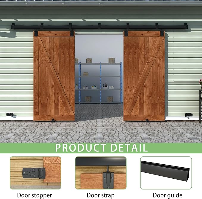 12FT Black Box Rail Exterior Barn Door Hardware Track Kit for 2 Doors, Heavy Duty Barn Door Track Set, Wall Mount Outdoor Weatherproof Double Door Hardware with 7 Track Brackets(No Doors