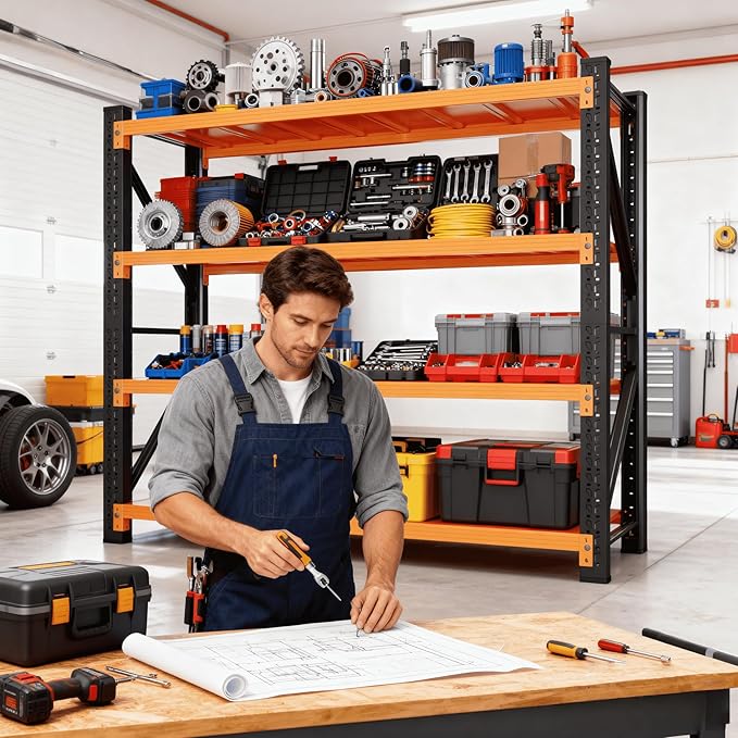 4-Tier Storage Shelves,79" H Heavy-Duty Garage Shelving Unit,Adjustable Metal Industrial Shelf System,3,500lbs Capacity,Tool Organizer for Garage,Workshop,48" W x 20" D x 79" H,Black&Orange