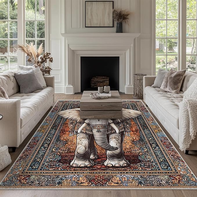 6x9 Elephant Area Rugs Boho Elephant Rug for Living Room Indoor Soft Non-Slip Thin Large Carpet Vintage Rugs for Bedroom Home Decor Under Table Washable Machine