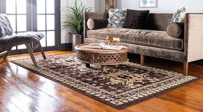 Unique Loom Taftan Collection Border Geometric Tribal Inspired Design Area Rug (7' 0 x 10' 0 Rectangular, Brown/ Tan)