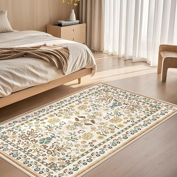 3x5 Area Rug Living Room Rugs - Washable Boho Vintage Floral Large Soft Non Slip Thin Rug Low Pile Carpet for Bedroom Dining Room Kids Playroom Office Decor Indoor- Brown