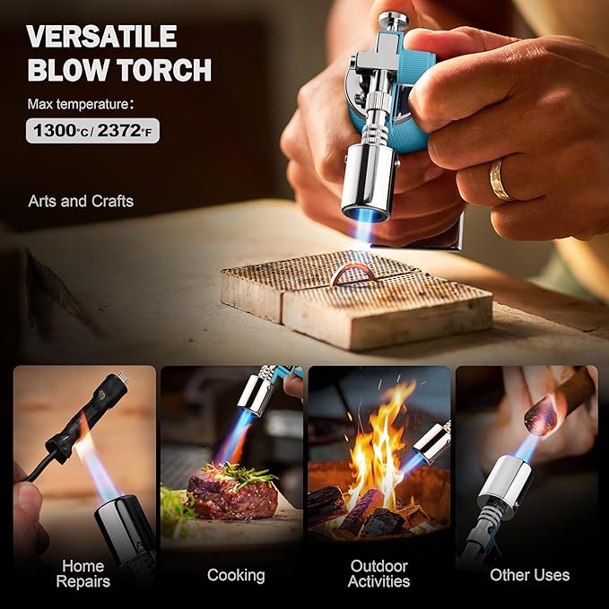 RAVS Butane Torch Lighter, Refillable Kitchen Torch with Adjustable Flame and Safety Buckle, Mini Torch for Baking, Soldering, Resin Art, Blue, Christmas Gifts for Men, Butane Not Included