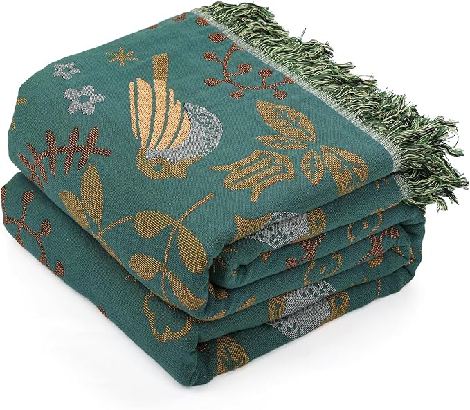 MACEVIA 100% Cotton Boho Throw Blanket, Soft Lightweight Green Bird Floral Design, 80"x90" Queen Size Bedspread for Couch Sofa, Bed, Travel, Cottagecore Decor, with Fringe Tassels (Bird Floral)