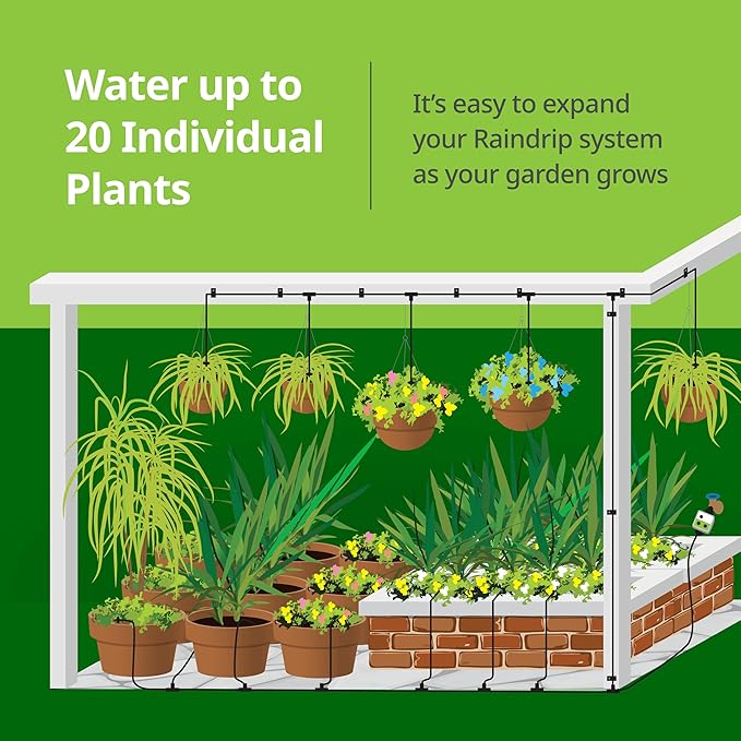 Raindrip R560DP Drip Watering System, Automatic Drip Irrigation System with Timer for Containers and Hanging Baskets, Waters up to 20 Plants, Includes 20 Drippers, Black