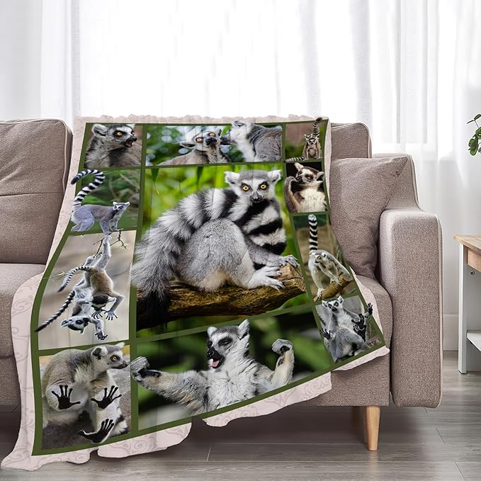 Lemur Blanket Gifts for Girls Boys Soft Warm Plush Wild Animal Lemur Throw Blanket Flannel Fleece Fuzzy Blankets for Kids Lover Bed Couch Living Room Decor 50"X40"