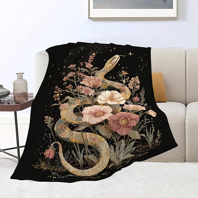 Golden Snake Blanket Fantasy Floral Reptiles Throw Blankets Gifts for Girls Boys Kids Snake Lover Soft Cozy Fleece Plush for Couch Sofa Bed 80"x60"