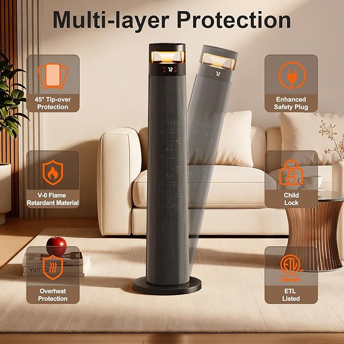 YEW Space Heater for Indoor Use, 34" Electric Heater with Remote and Thermostat, 3 Modes, Overheating & Tip-Over Protection, Portable Heater for Large Room, Bedroom, Office, Black