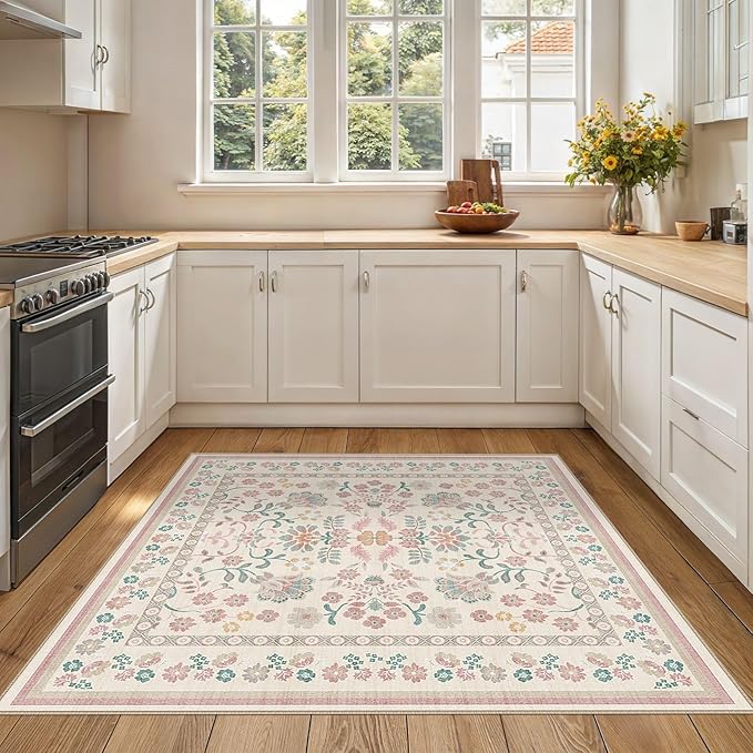 Square Area Rugs : Washable 5x5 Floral Carpet for Living Room Bedroom - Soft Floor Mat with Non Slip Backing for Kitchen Nursery Dorms Farmhouse Home Decor - Pink