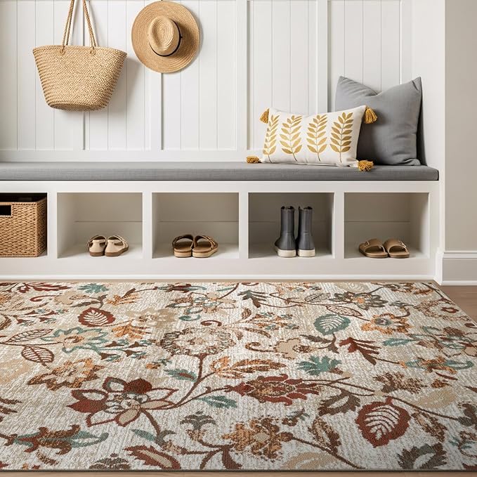 Rugshop Vine Floral Modern for Living Room, Bedroom, or Entryway Beige Multi Area Rug 4' x 6' Beige