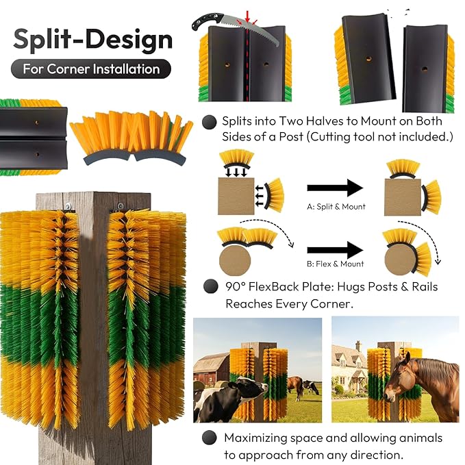 Livestock Scratching Brush 2-Pack — Cattle Horse Goat Pig Sheep Grooming Post with 16 Screws, Weather-Resistant Barn Fence Mount