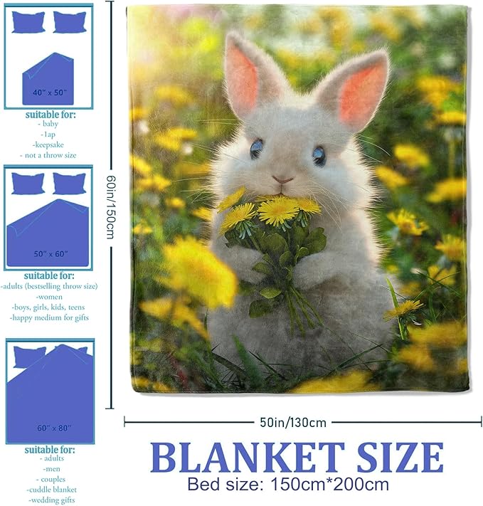 Cute Bunny in Flowers Pattern Throw Blanket 40"x50", Cute Animal Lover Blankets for Bedroom Decor, Soft Flannel Polyester Bunny Gifts for Women Kids