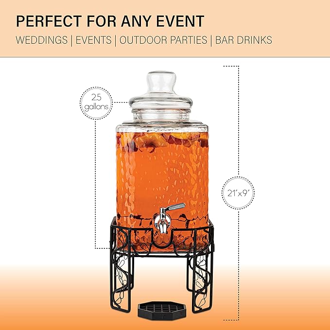 2.5 Gallon Glass Beverage Dispenser with Stainless Steel Spigot, Metal Stand, and Drip Tray – Mason Jar Style Drink Dispenser for Parties, Iced Tea, Water, Lemonade, and More