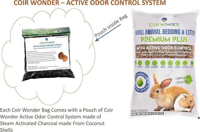 Small Animal Bedding – 20 L –– Coco Chip Fiber Bedding Substrate for Guinea Pig, Hamster, Rabbit, Bunny Litter, Tortoise, Turtle, Reptile, Snake Habitat - Activated Charcoal Odor Control