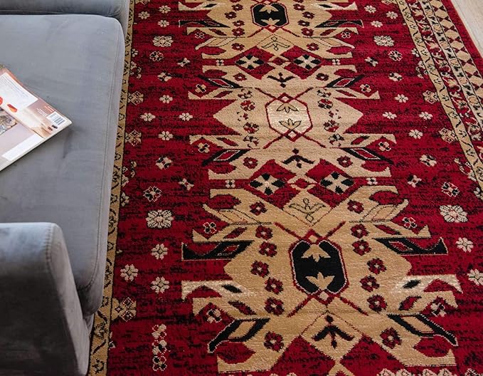Unique Loom Taftan Collection Border Geometric Tribal Inspired Design Area Rug (6' 0 x 9' 0 Rectangular, Red/ Gold)