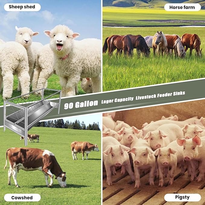2-in-1 Goat Hay Feeder, Stainless Steel Livestock 90 Gallon Hay Feeder with 30 Gallon Feeding Pan, Detachable Hay Rack for Sheep, Cow & Horse, Easy to Assemble, Silver