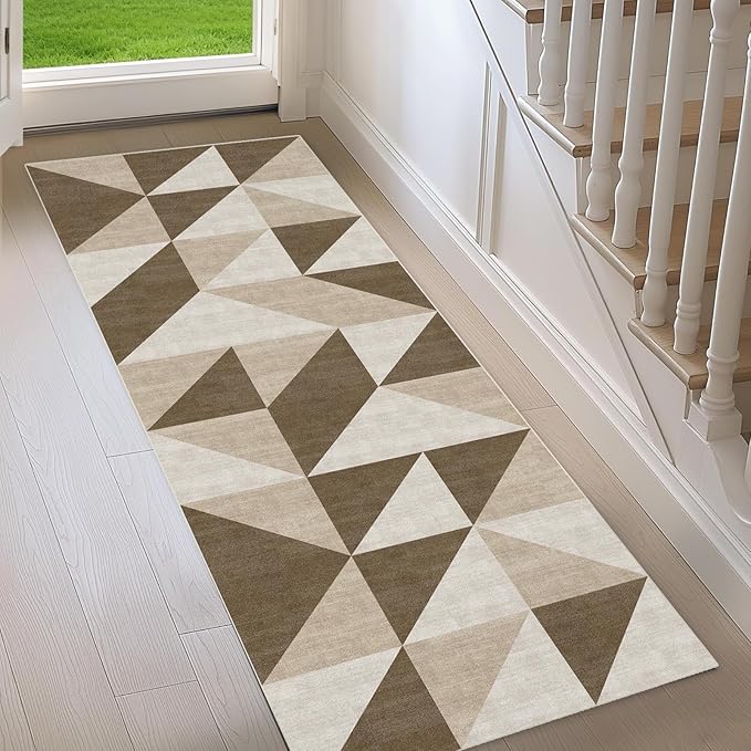 Washable Neutral Runner for Hallway Bedroom 2x6 Modern Abstract Geometric Non Slip Brown Area Rug Low Pile Indoor Floor