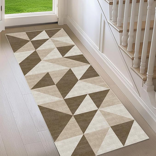 Washable Neutral Runner for Hallway Bedroom 2x6 Modern Abstract Geometric Non Slip Brown Area Rug Low Pile Indoor Floor