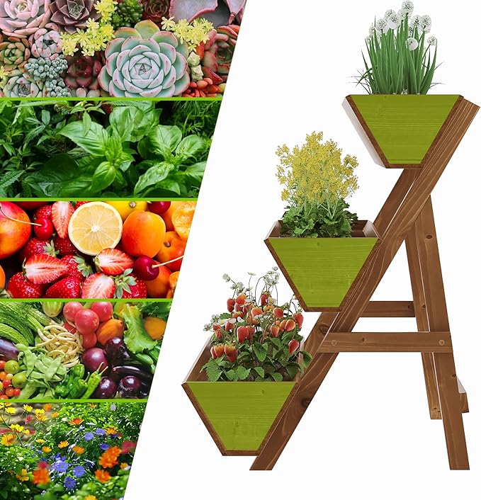 3-Tiers Wooden Raised Garden Bed Tiered Planter Box Vertical Garden Planter Wood Plant Stand for Patio, Balcony, Freestanding. (Brown L)