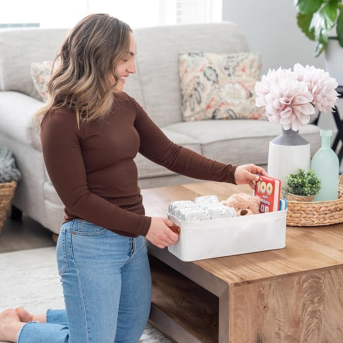 OrganiHaus Narrow Storage Bins 15x06in, Small Closet Bins for Shelves, Bathroom Storage Baskets for Shelves, Narrow Baskets, Fabric Organizer with Handles, Toilet Paper Organizer - 2 Pack, Off-White