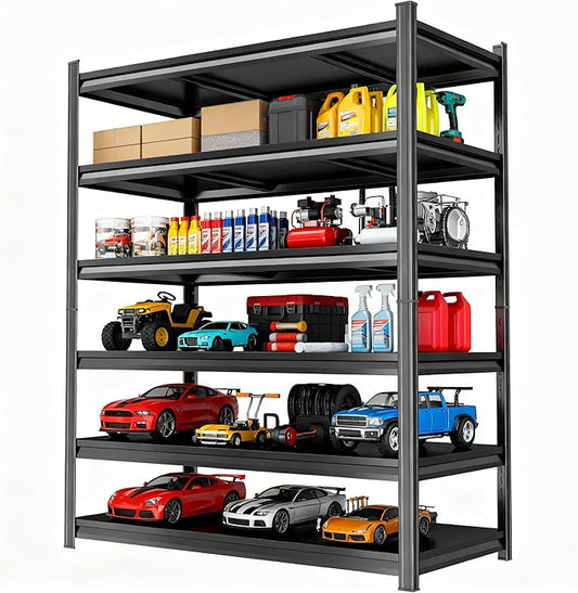 77'' Storage Shelves, Garage Metal Shelving Unit, Adjustable, Double-Layer Column with Reinforced Ribs, Heavy-Duty, Capable of Bearing 3600 lbs, Suitable for Garage, Warehouse, Kitchen Storage