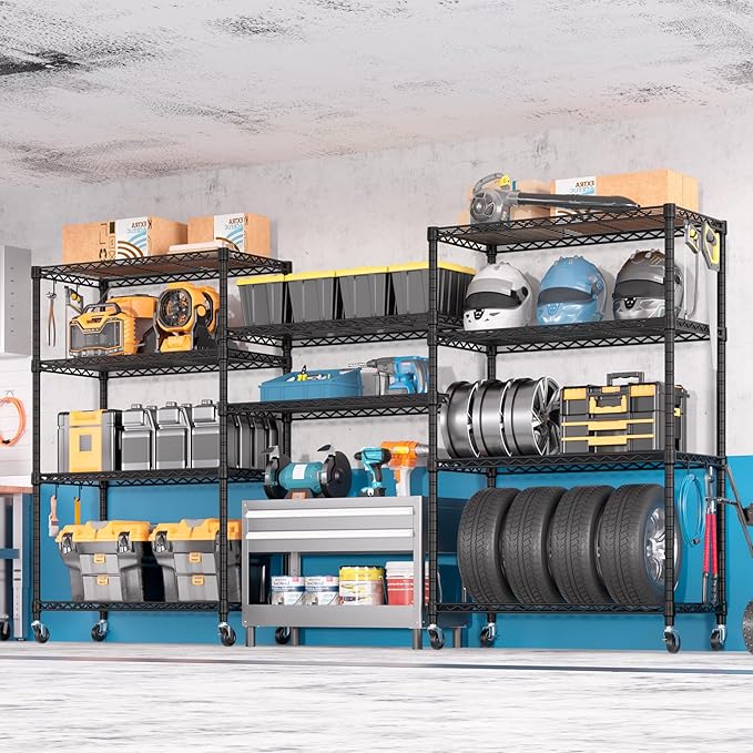 PrimeZone 74''H Wire Shelving 1250lbs 5 Tier Storage Shelves with Wheels NSF Certified Heavy Duty Steel Metal Shelf Adjustable Rolling Rack Kitchen Garage Closet Pantry Laundry 74''HX36''WX14''D