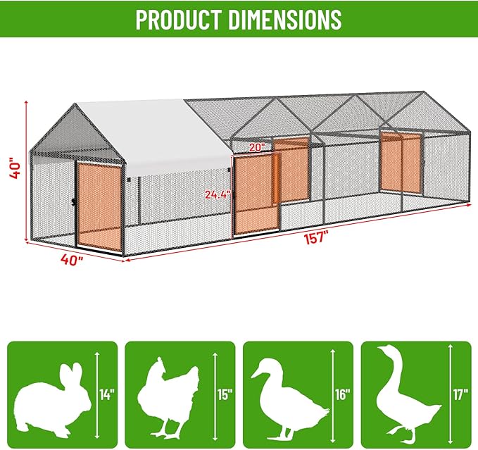 Metal Chicken Coop with Waterproof Cover, 157"x40"x40" Portable Poultry Cage, Outdoor Backyard Farm Walk-in Hen House for Chickens, Ducks, Rabbits and Small Pets