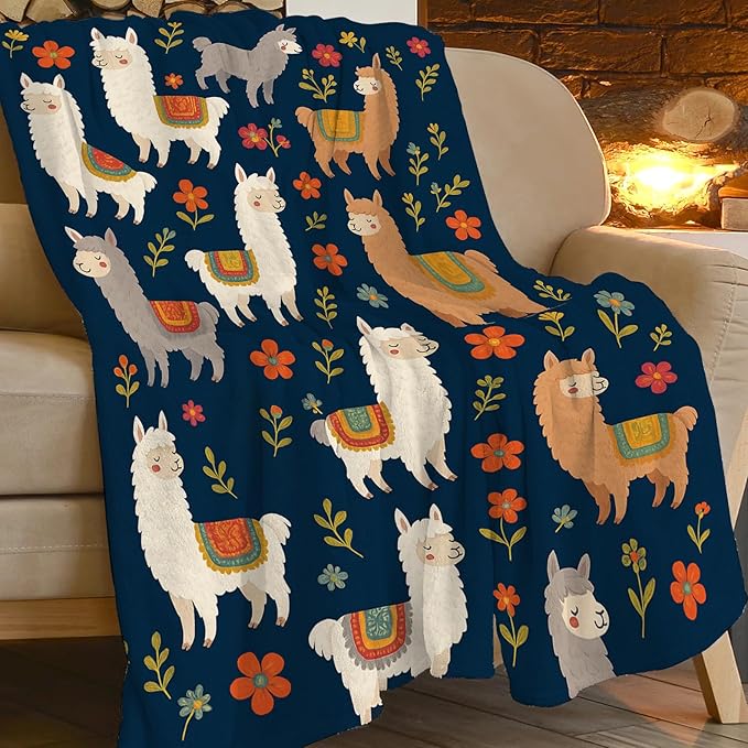 Llama Blanket, Alpaca Throw Blanket, Flower Gifts Blankets Stuff Fleece Flannel Plush for Girls Women Men Boys Lovers Adults Soft Bedding Gift for Sofa Bed Office Home Decor 80"x60"