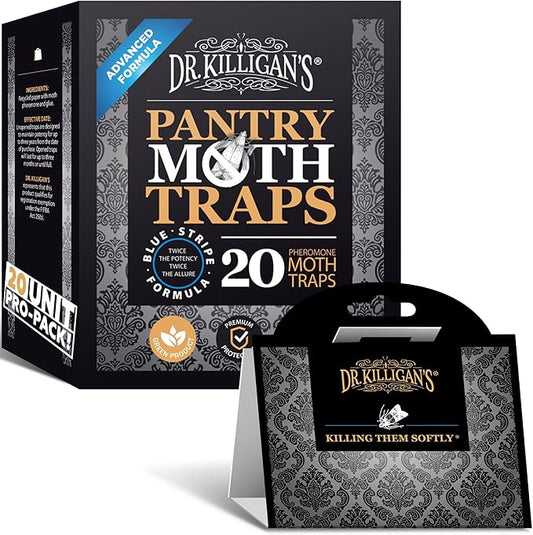Dr. Killigan's Premium Double Potent Pantry Moth Traps with Pheromones Prime, Sticky Indian Meal Moth Traps for Kitchen, How to Get Rid of Moths in House (20 Pack, Black)