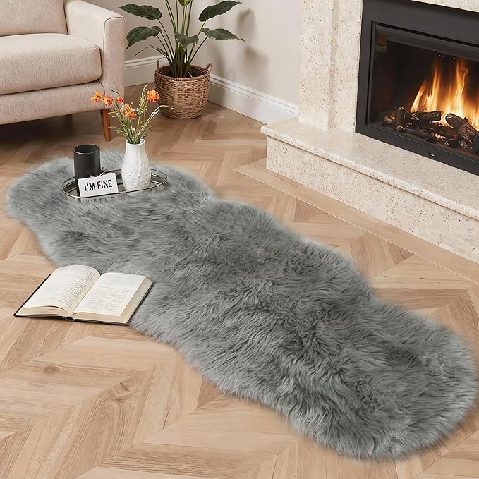 GENIMO 2x6 Fluffy Faux Fur Rug Runner, Ultra Soft Shaggy Sheepskin Rug, Area Rugs for Bedroom, Living Room, Home Office, Light Grey