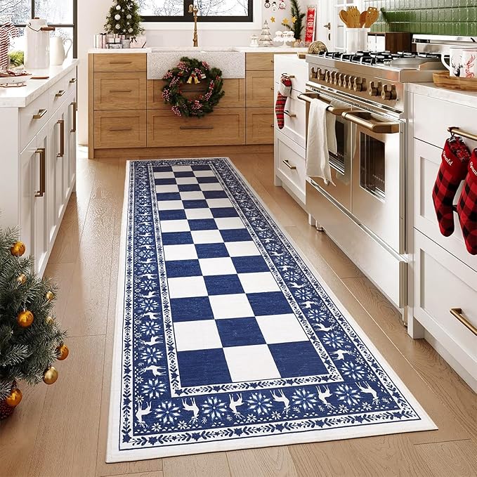 GarveeHome Blue 2x6 Runner Rug, Washable Rug for Christmas Decor, Indoor Non Slip Carpet, Checkered Soft Low Pile Christmas Rugs for Kitchen, Entryway, Living Room, Bedroom