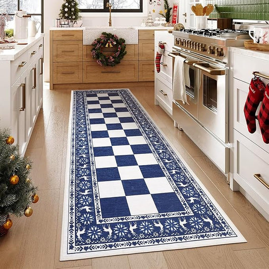 GarveeHome Blue 2x6 Runner Rug, Washable Rug for Christmas Decor, Indoor Non Slip Carpet, Checkered Soft Low Pile Christmas Rugs for Kitchen, Entryway, Living Room, Bedroom
