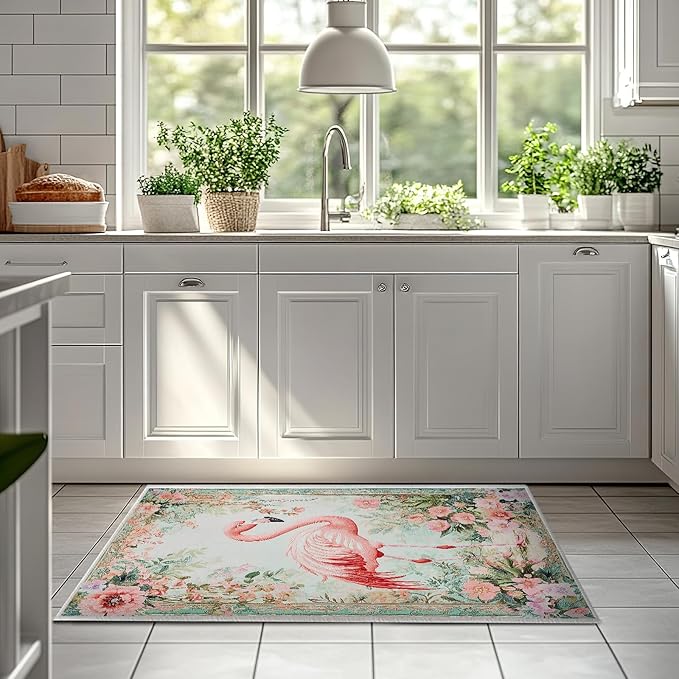 2x3 Flamingo Area Rugs Boho Floral Tropical Rug for Bathroom Kitchen Entryway Indoor Soft Non-Slip Thin Hippie Carpet Small Flower Doormat for Office Dining Room Under Table Washable Machine