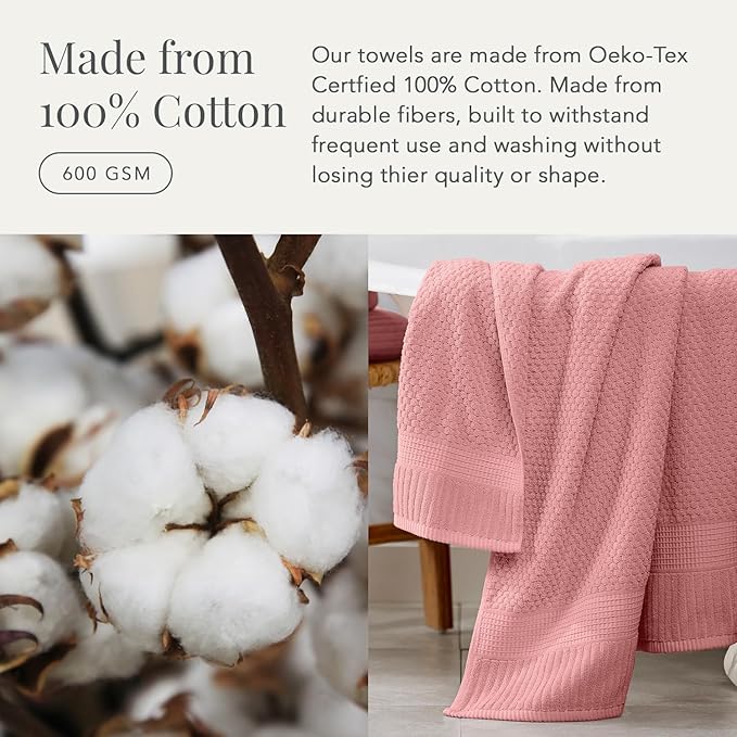 NY Loft 100% Cotton Bath Towel 4 Pack | Super Soft & Absorbent Quick-Dry Bath Towels 30" x 52" | Textured and Durable Cotton | Premium Thick Towels | Trinity Collection (4 Pack Bath Towel, Rose)