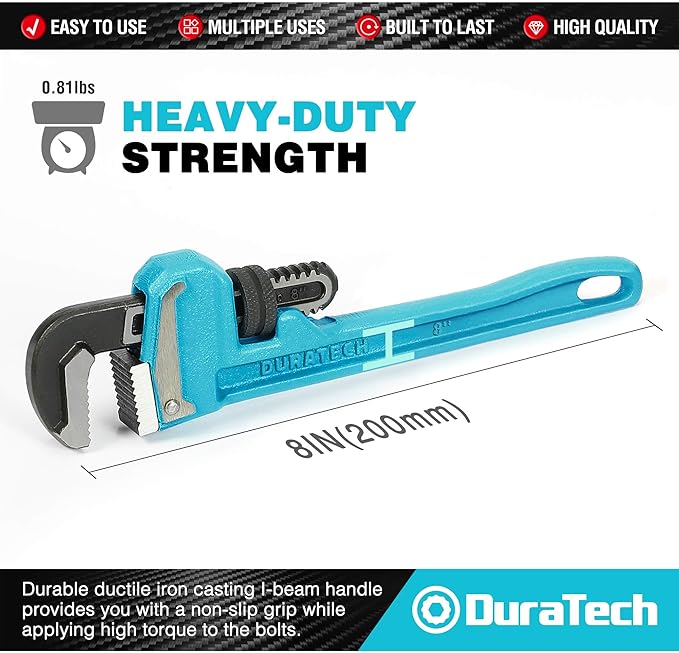 DURATECH 8-Inch Heavy Duty Pipe Wrench, Adjustable Plumbing Wrench, Malleable Cast Iron Handle, Exceed GGG standard