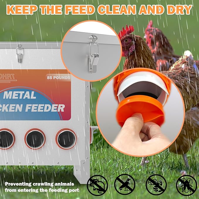 85-120LBS Capacity Chicken Feeder No Waste 10-Ports Automatic Large Poultry Feeder with Latch & Handle for Chickens Bantams Pheasants Poultry Coop Weatherproof