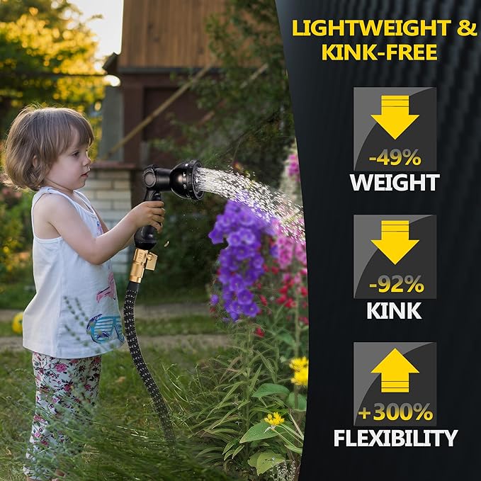 100 ft Expandable Garden Hose - Expanding Water Hose with 10 Spray Nozzles&3/4" Solid Brass Fittings - Retractable,Flexible，Lightweight No-Kink Free&Tangle Car Washing Pipe for Yard,Outdoor