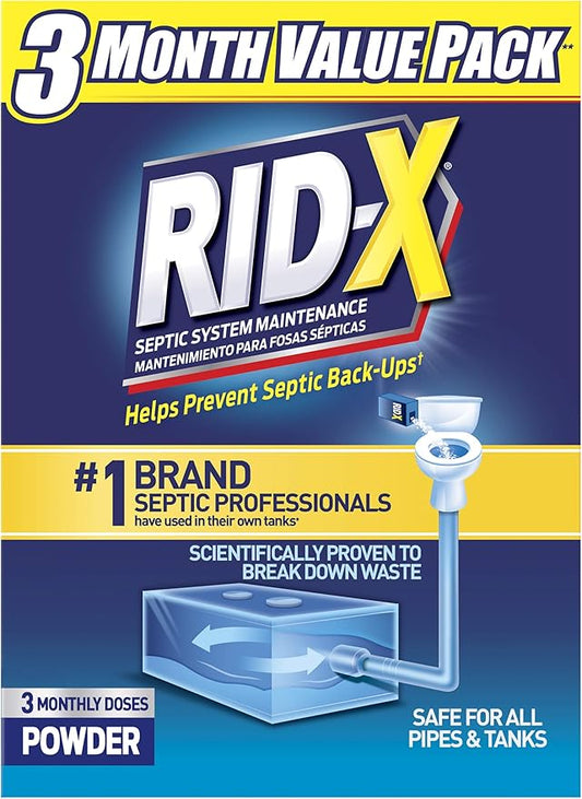RID-X Septic Tank Treatment Powder – 3 Month Supply, Dual Action Enzymes and Bacteria to Break Down Waste & Prevent Backups
