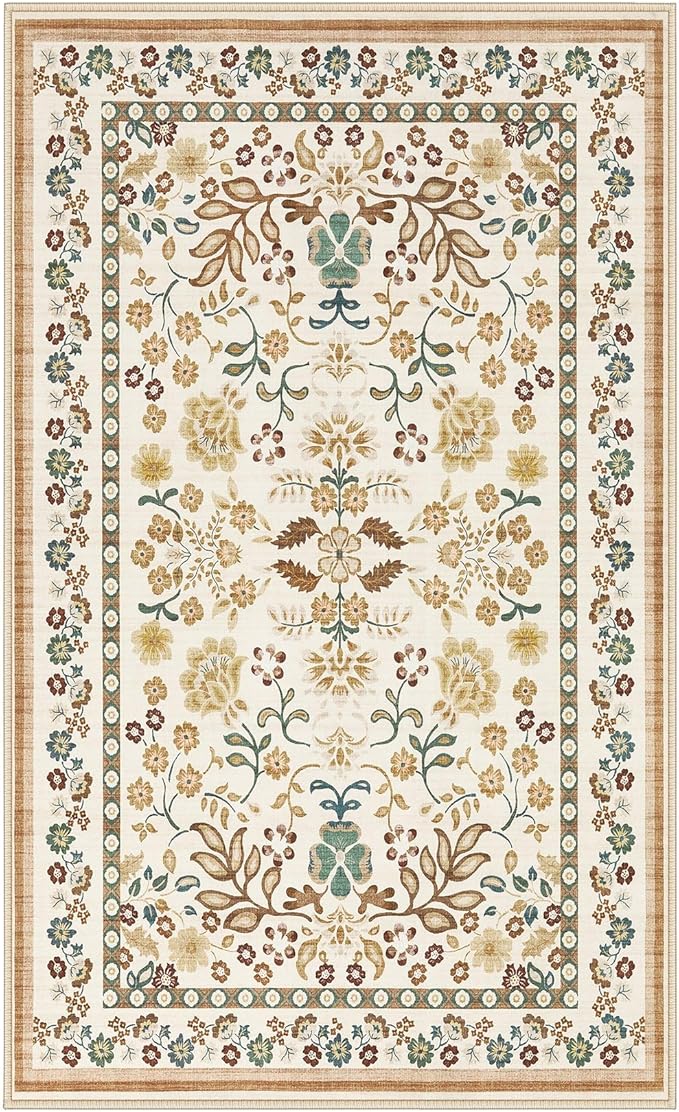 3x5 Area Rug Living Room Rugs - Washable Boho Vintage Floral Large Soft Non Slip Thin Rug Low Pile Carpet for Bedroom Dining Room Kids Playroom Office Decor Indoor- Brown