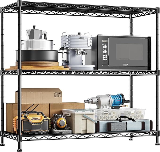 3- Shelf Metal Shelving Unit 35.6Wx14Dx36H Adjustable Storage Shelves Heavy Duty Garage Shelving Steel Wire Shelving for Laundry Bathroom Kitchen Pantry Closet Garage Black