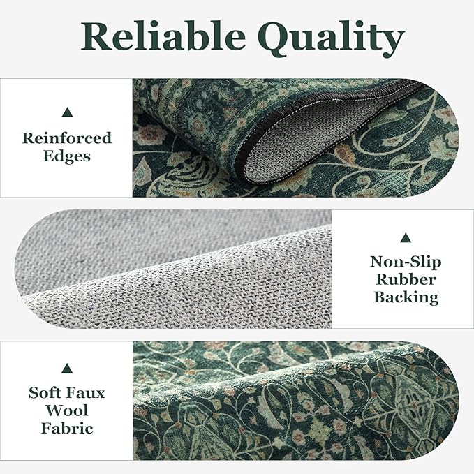 Dark Green Area Rug 5x8 for Lving Room Bedroom, Washable Non Slip Low Pile Thin Rugs for Dining Room, Vintage Boho Floral Moroccan Pattern Printed Carpet Rug for Dining Room Kitchen Office