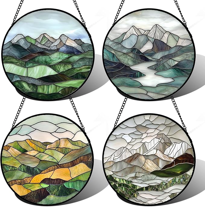 Stained Glass Window Hanging 4 Pcs Set Mountain River Landscape Large 15" - Suncatcher Door Garden Sun Catcher Decor Birthday Mother's Day for Mom Woman Nana Girl Boy Friend
