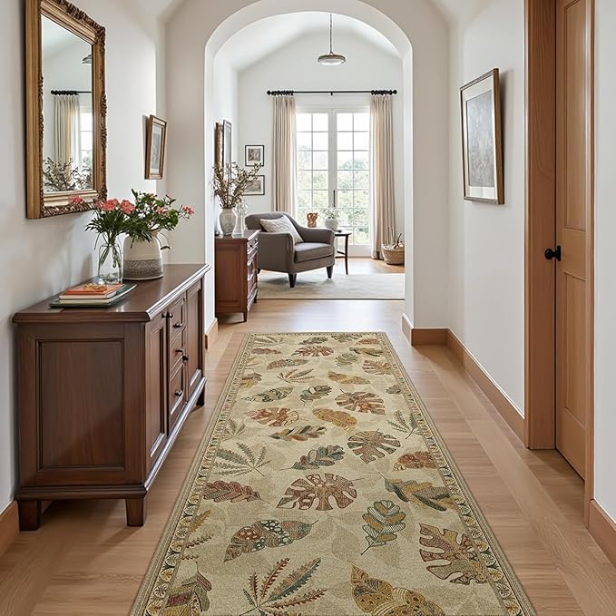 GENIMO Runner Rug 2x7 Non Slip Machine Washable Hallway Runner Rug, Low Pile Lightweight Rugs for Entryway, Hallway, Kitchen and Corridor, Leafy Daylight